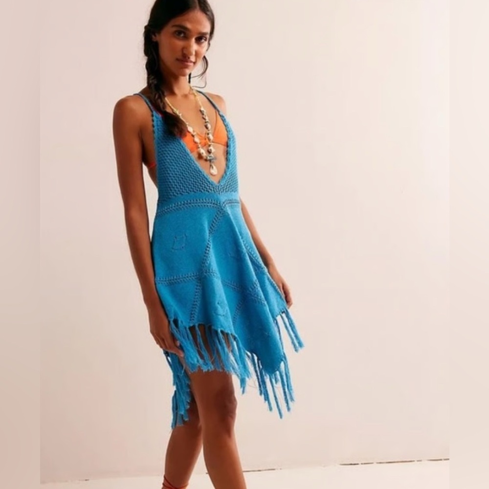 Free People Large Viola Fauxchet Beach Coverup Crochet Fringe Mini Dress Blue